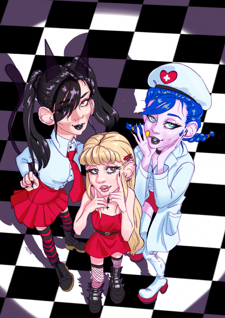 A digital drawing of Kitty Pantera, an unknown character and my best friend's character Lilian standing together and looking up at the viewer.