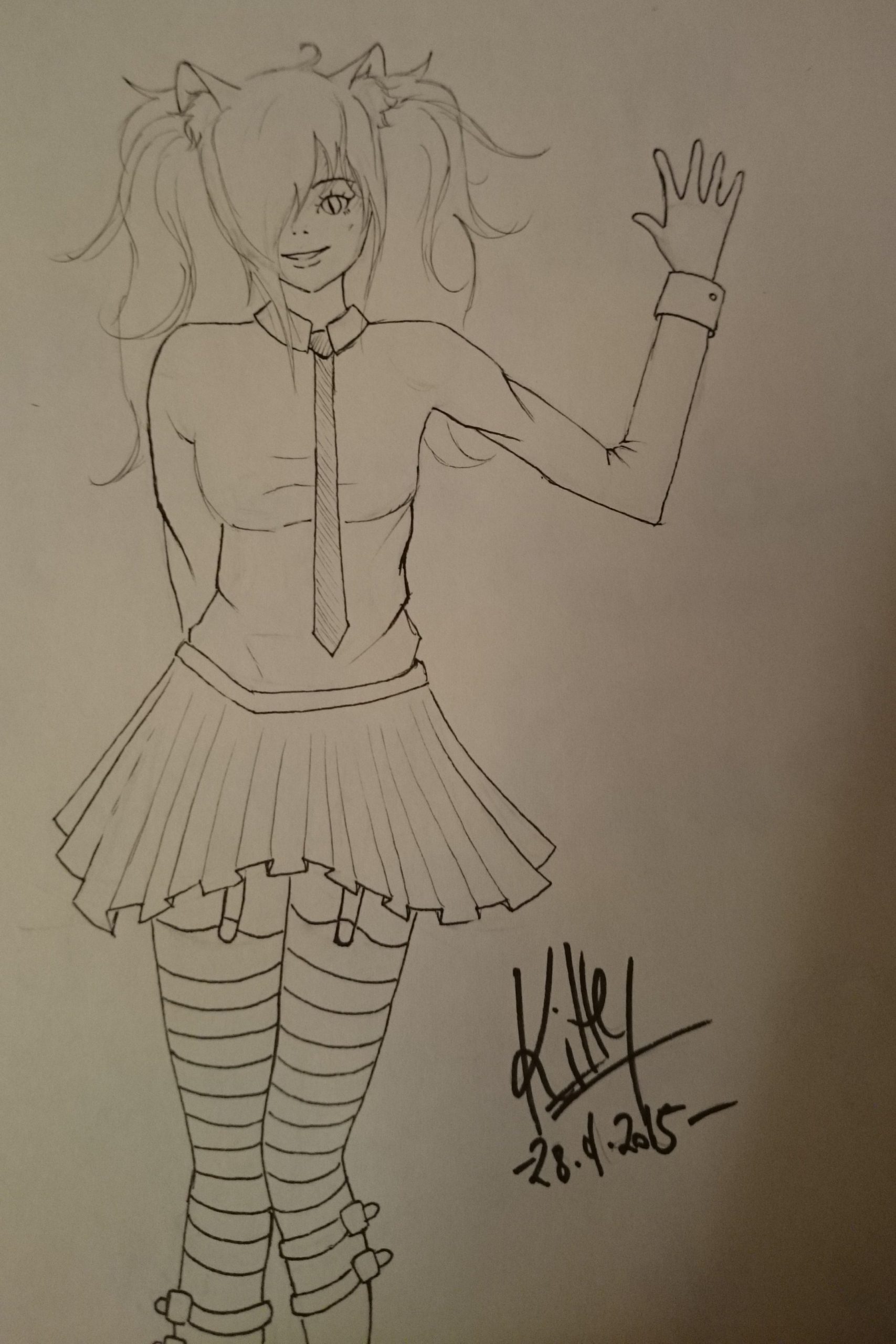 A traditional linework drawing of Kitty Pantera waving at the viewer from 2015.