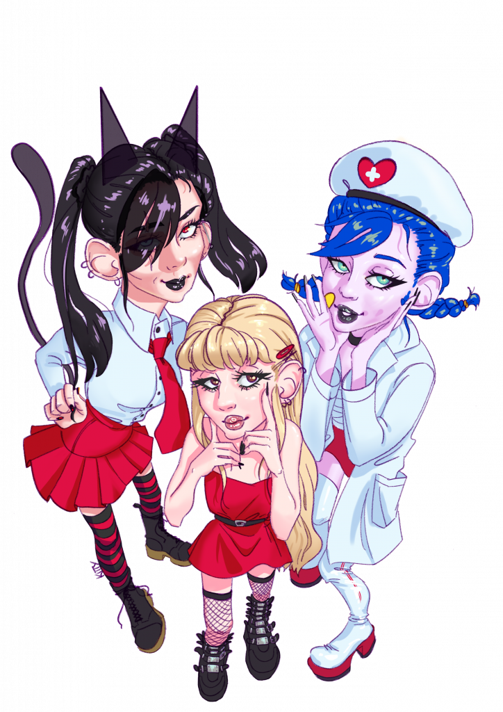 A digital drawing of Kitty Pantera, an unknown character and my best friend's character Lilian standing together and looking up at the viewer.