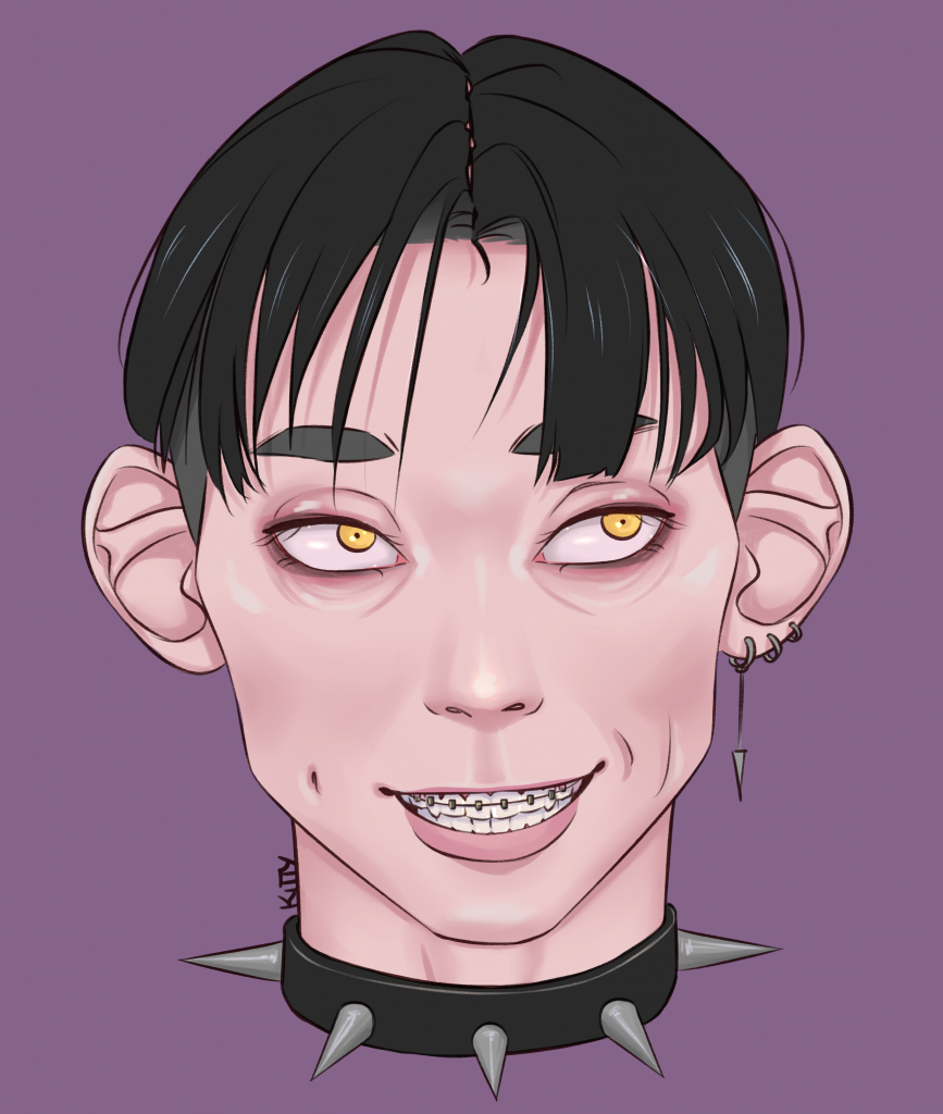 A digital portrait of a young man with black curtain bangs, yellow eyes and earrings. He is smirking and you can see that he is wearing braces and has dimples in his cheeks. There is a leather choker with spikes around his neck.