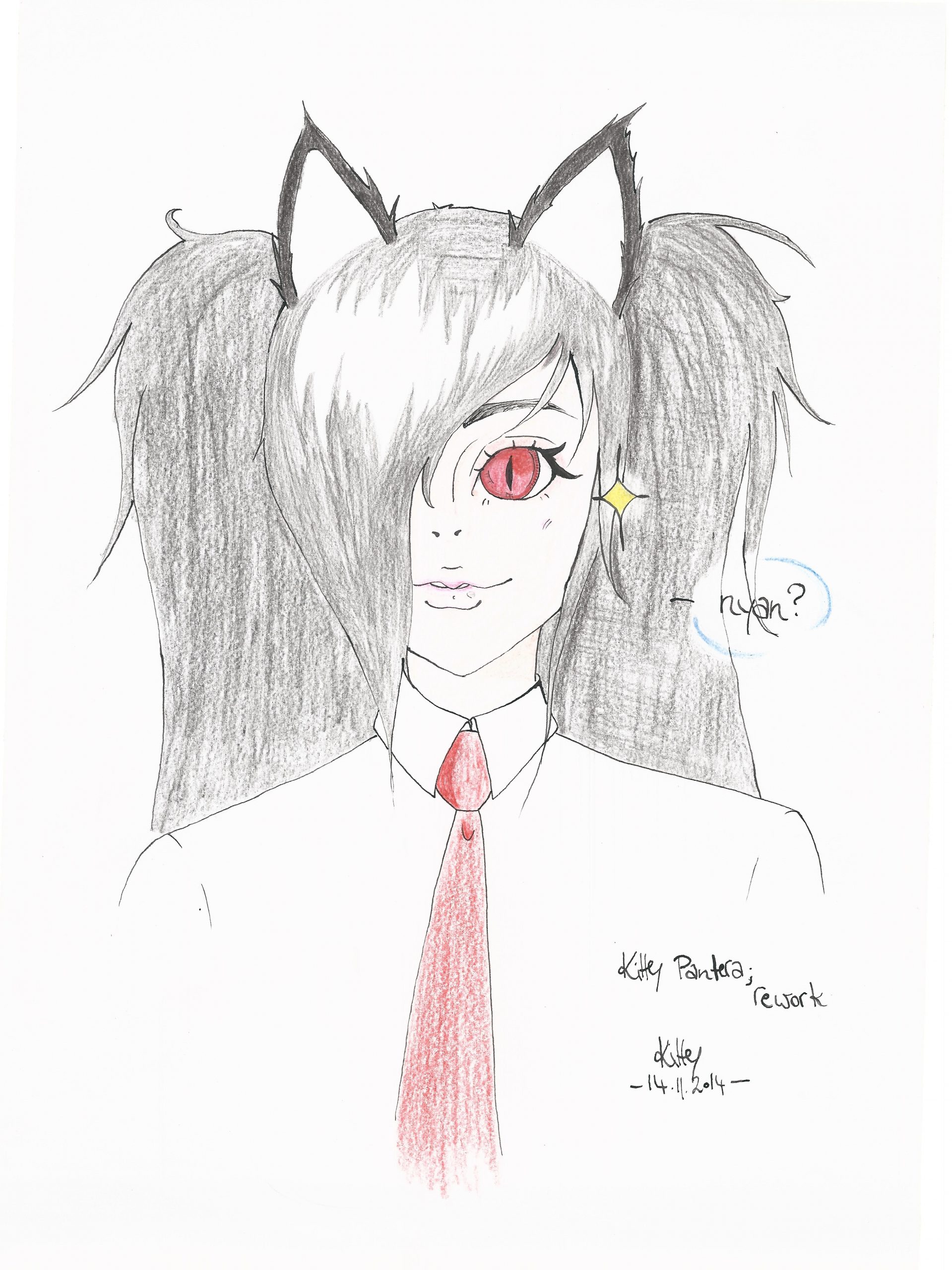 A traditional portrait of Kitty Pantera from 2014, colored with pencils.