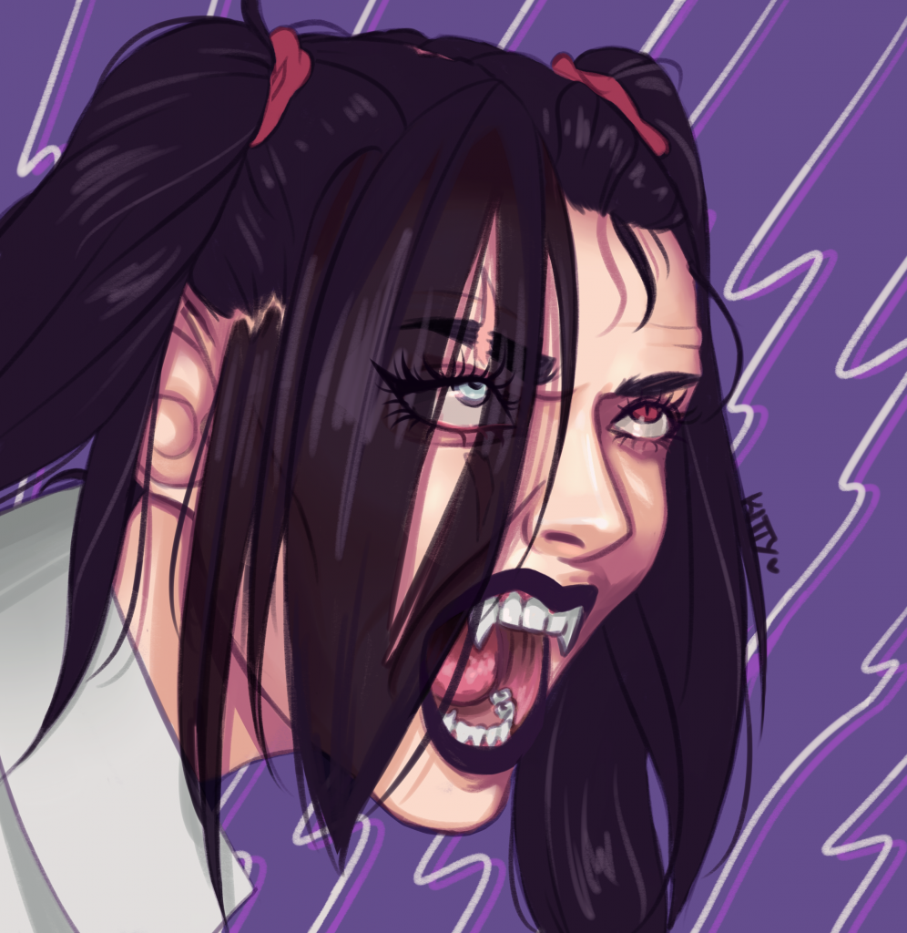 In this digital drawing, you see a portrait of Kitty Pantera, the character, looking up furiously with her mouth wide open as if she was yelling. Through this, you can see her pointy cat teeth.