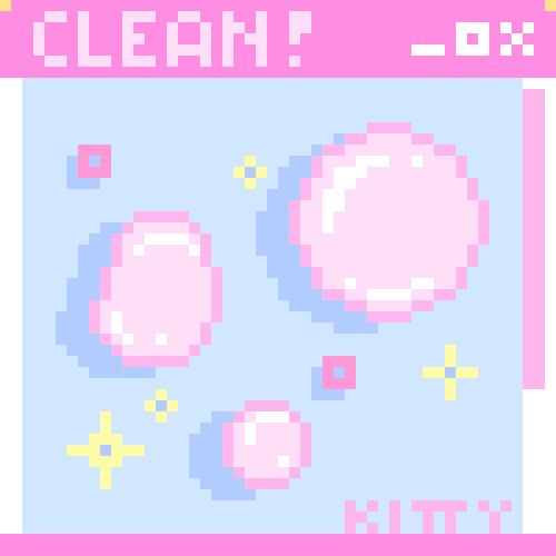 A pixel art drawing of pink bubbles in a web browser. The title of the page is 'Clean!'.