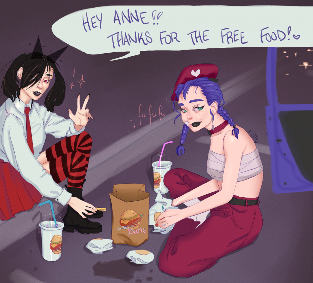 A digital drawing of Kitty Pantera (character) and her mysterious friend sitting in a parking lot and eating Space Buns burgers. Kitty is looking in the direction of the viewer and saying 'Hey Anne! Thanks for the free food!'.