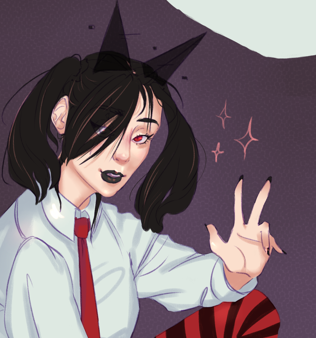 A close-up of a previous image of Kitty with an unknown character, but this time it's just Kitty. She's holding up the peace sign with her hands.