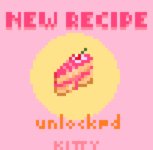 This is a little pixel art animation of a cherry cake floating up and down. Above the cake it says 'new recipe' in bold letters. Underneath the cake, there is a blinking text that says 'unlocked'.