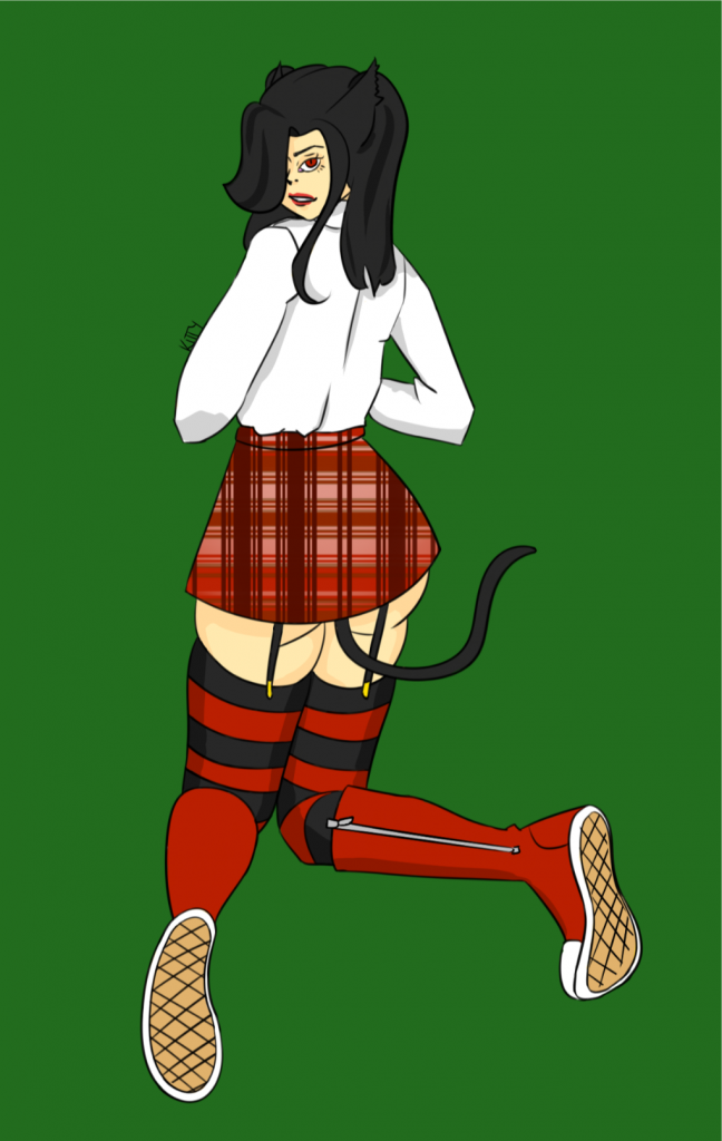 A digital drawing of Kitty Pantera kneeling on the floor and looking back at the viewer. The drawing was made in PainTool SAI.