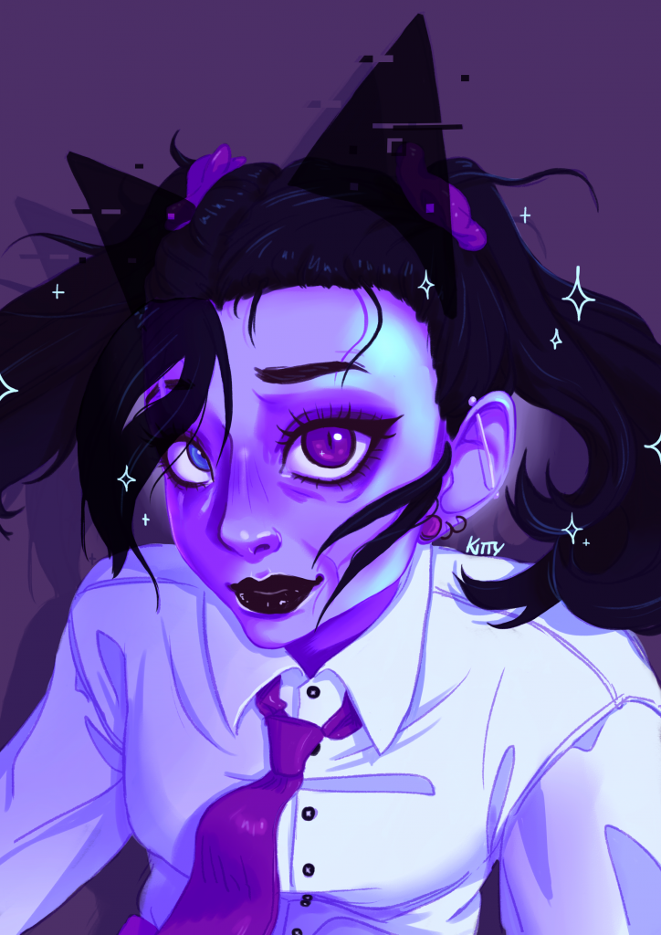 Another digital portrait of Kitty Pantera, the character. This time, I tried to draw her in a fish-eye perspective and used a monochrome blueish purple color scheme.