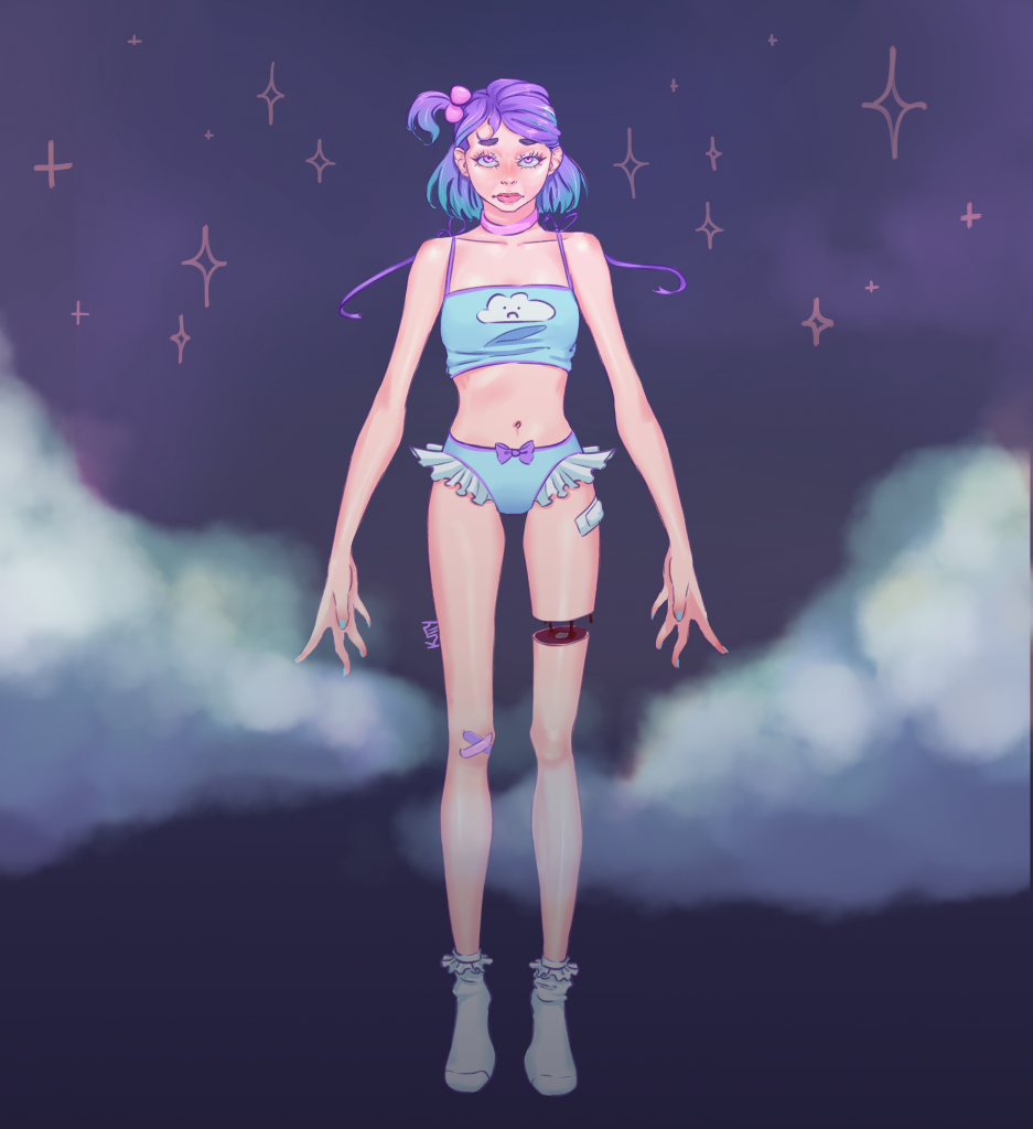 A young woman with a peace of her upper thigh missing and a blank expression floating into the sky with clouds surrounding her. She has band-aids on her hip and knee and is wearing a bikini with a sad cloud on the front of her top.