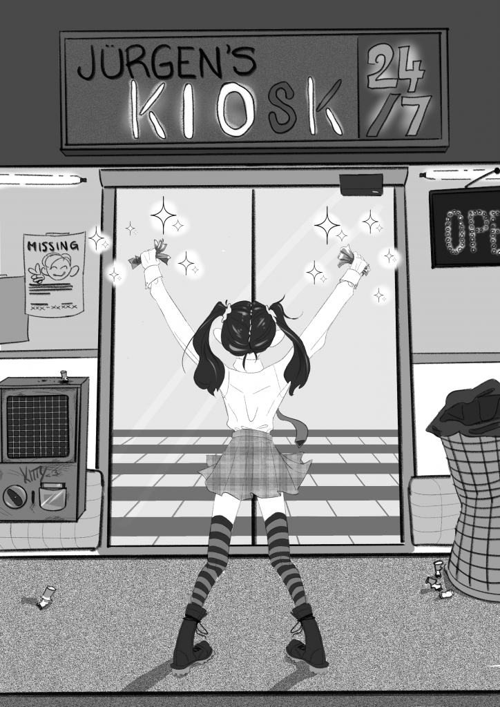 This is page two of chapter one: Kitty finished counting her money and arrived at her destination at the same time. She is now seen standing in front of 'Jürgen's Kiosk' a 24/7 convenience store. Her arms are up in the air and she's holding the money tightly in both of her fists. There is a missing poster in the left window of the shop, along with other flyers. Underneath the window is a gumball machine where Kitty seemed to have written her name on, at some point. In the right window there's an LED open sign. Underneath this window, there's a large bent trash can with cigarette butts scattered around the floor. In the middle, there is an automatic door, in front of which Kitty is now standing. Above her is the shop sign. The neon lights of the sign only partially work.