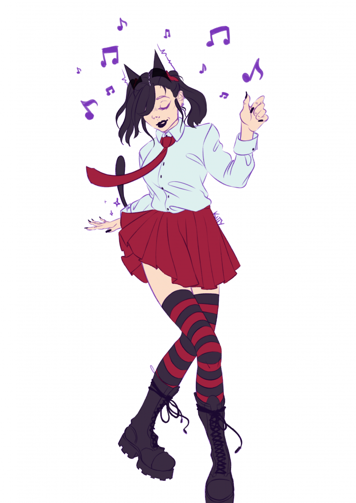 A simple full-body digital drawing of Kitty Pantera, the character, dancing to music coming out of her holographic ears.