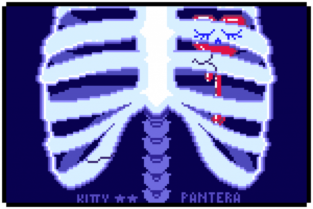 A pixel art illustration of a ribcage x-ray. Some ribs appear to be broken and a bleeding heart is peeking out under the ribs. The heart seems to be sleeping.