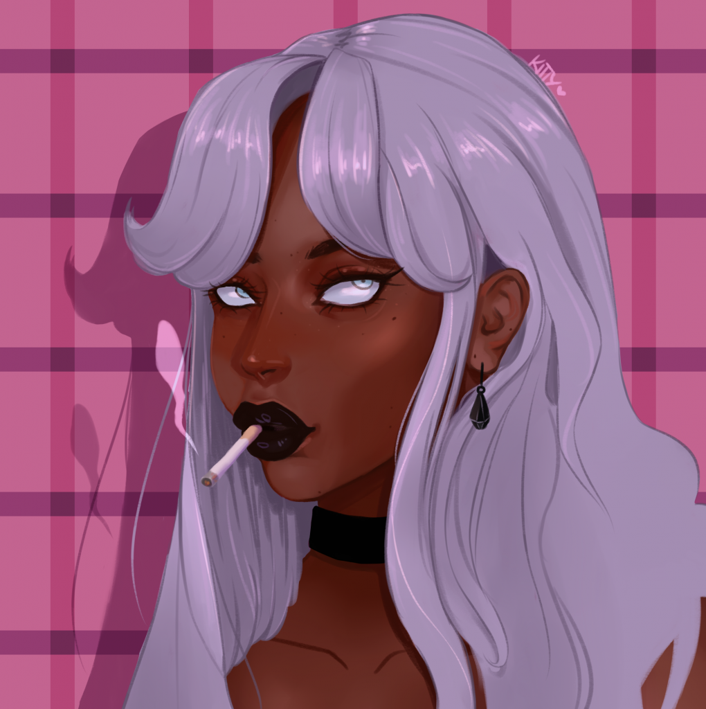 A digital portrait drawing of a black woman with silver hair, smoking. This is the repainted version of an older drawing.