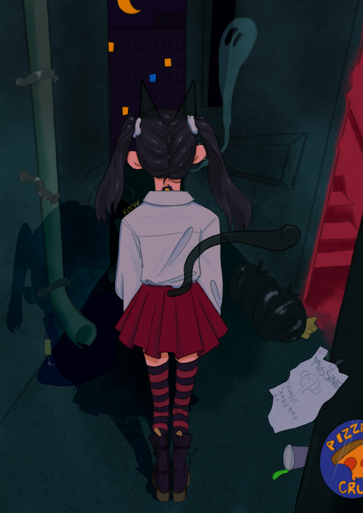 A digital illustration of Kitty Pantera, the character, standing in an alleyway in Spooky Town at night. She is shown from behind and you can see her b0dm0d (bodmod) chip peeking out of the collar of her shirt. There's the iconic ghost smoke coming up from the right side of her head. The street is littered with trash and there is a missing poster on the lantern. On the right side, there is an opening into a building with no door and a staircase leading upwards. There is red light tinting the entire area.