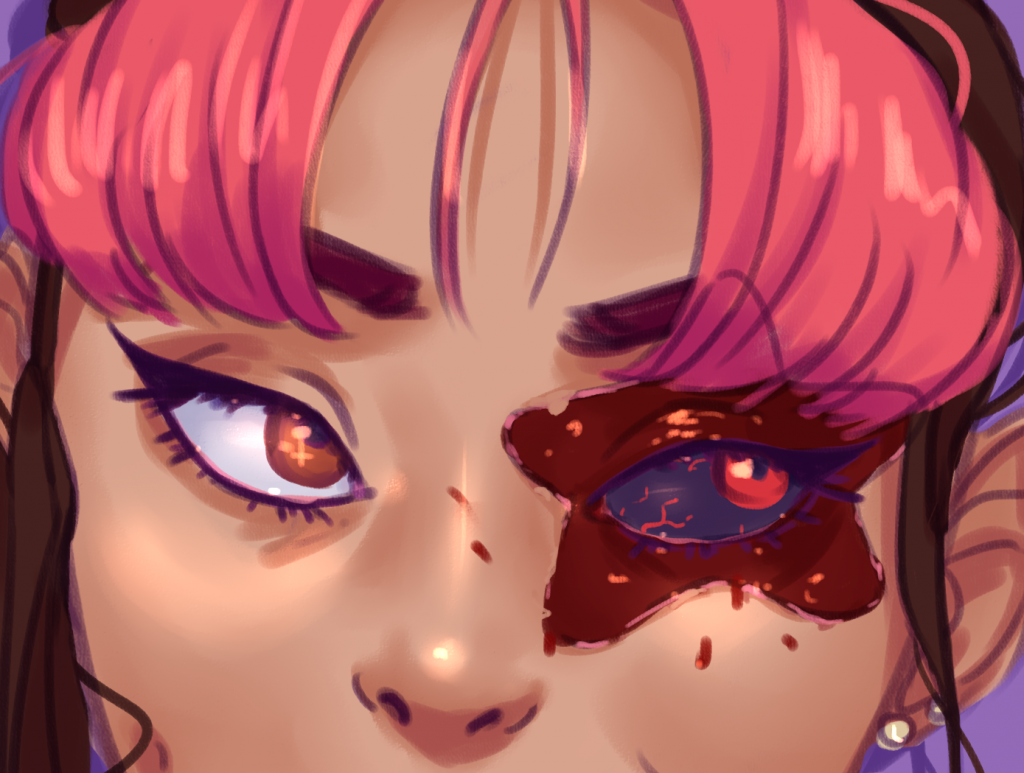 This digital drawing depicts a close-up shot of a young woman's face with pink, dyed hair and star-shaped piece of skin missing around her right eye.