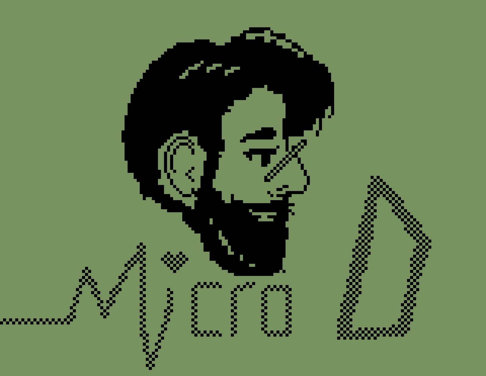 A pixel art drawing of Michael DuFault aka MicroD in the colors of an LCD screen as a nod to his chiptune music.