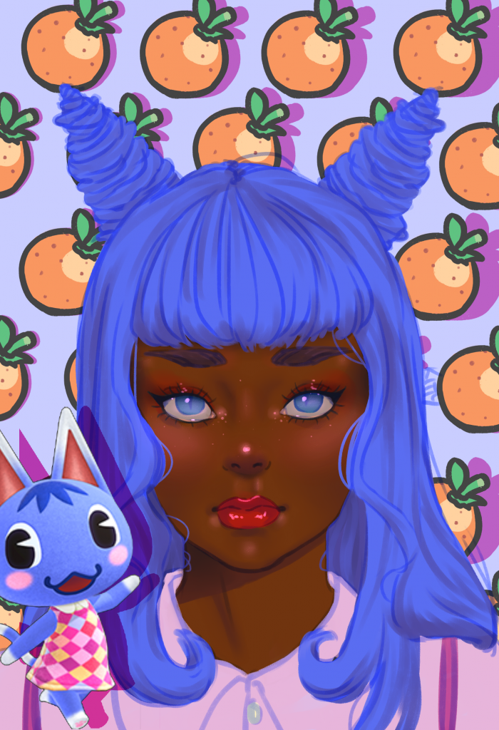 This image is another digital portrait drawing. This time, it's a fan art of the Animal Crossing character Rosie as a human. To keep her original cat-like attributes, I drew her with long blue hair and two knots at the top of her head, twisted into a cat-ear shape.