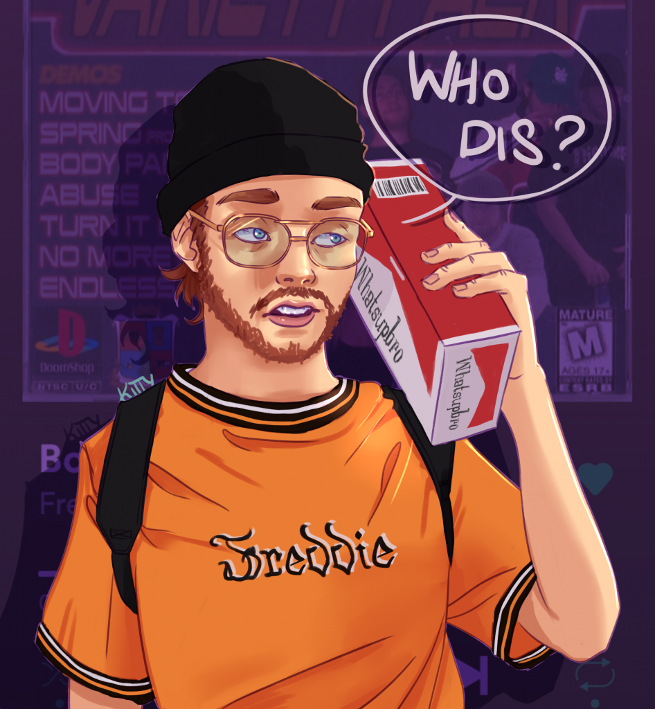 A digital fanart of the rapper Freddie Dredd saying 'who dis?'.